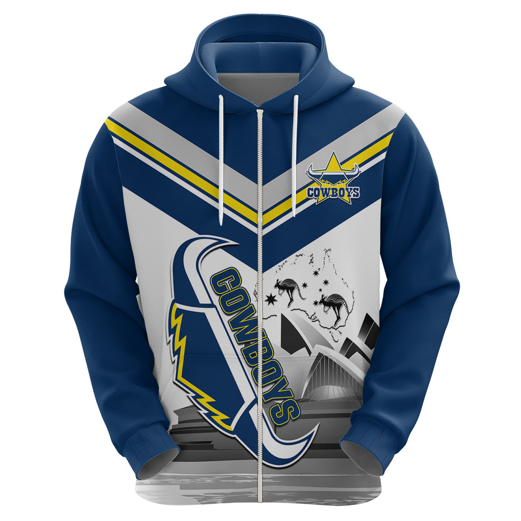 Custom Australia Day Cowboys Zip Hoodie NRL 2024 Sydney Opera House With Map