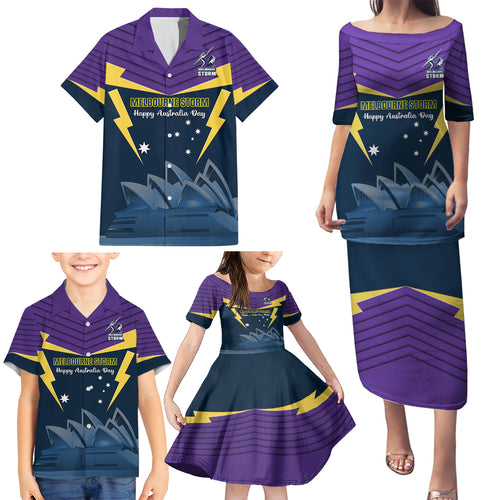 Custom Australia Day Storm Family Matching Puletasi and Hawaiian Shirt NRL 2024 Sydney Opera House With Map