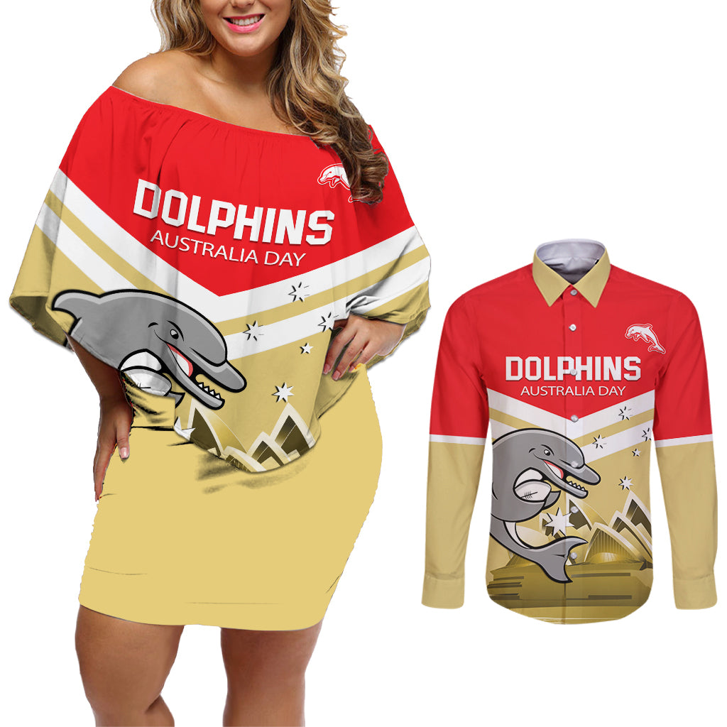 Custom Australia Day Dolphins Couples Matching Off Shoulder Short Dress and Long Sleeve Button Shirt NRL 2024 With Sydney Opera House