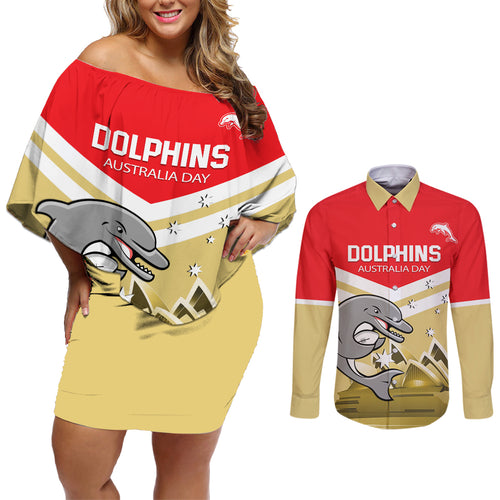 Custom Australia Day Dolphins Couples Matching Off Shoulder Short Dress and Long Sleeve Button Shirt NRL 2024 With Sydney Opera House