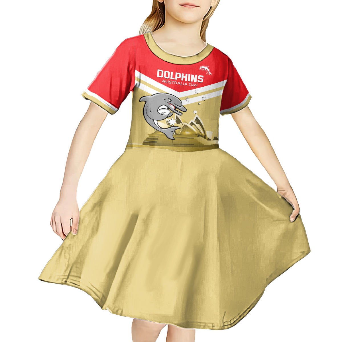 Custom Australia Day Dolphins Kid Short Sleeve Dress NRL 2024 With Sydney Opera House