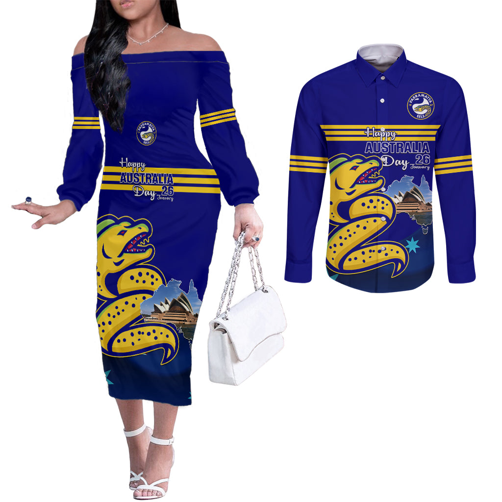 Custom Australia Day Eels Couples Matching Off The Shoulder Long Sleeve Dress and Long Sleeve Button Shirt NRL 2024 Sydney Opera House With Map