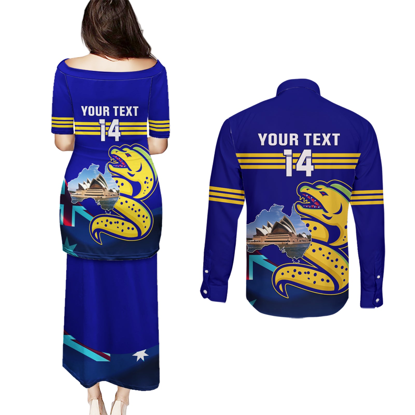 Custom Australia Day Eels Couples Matching Puletasi and Long Sleeve Button Shirt NRL 2024 Sydney Opera House With Map