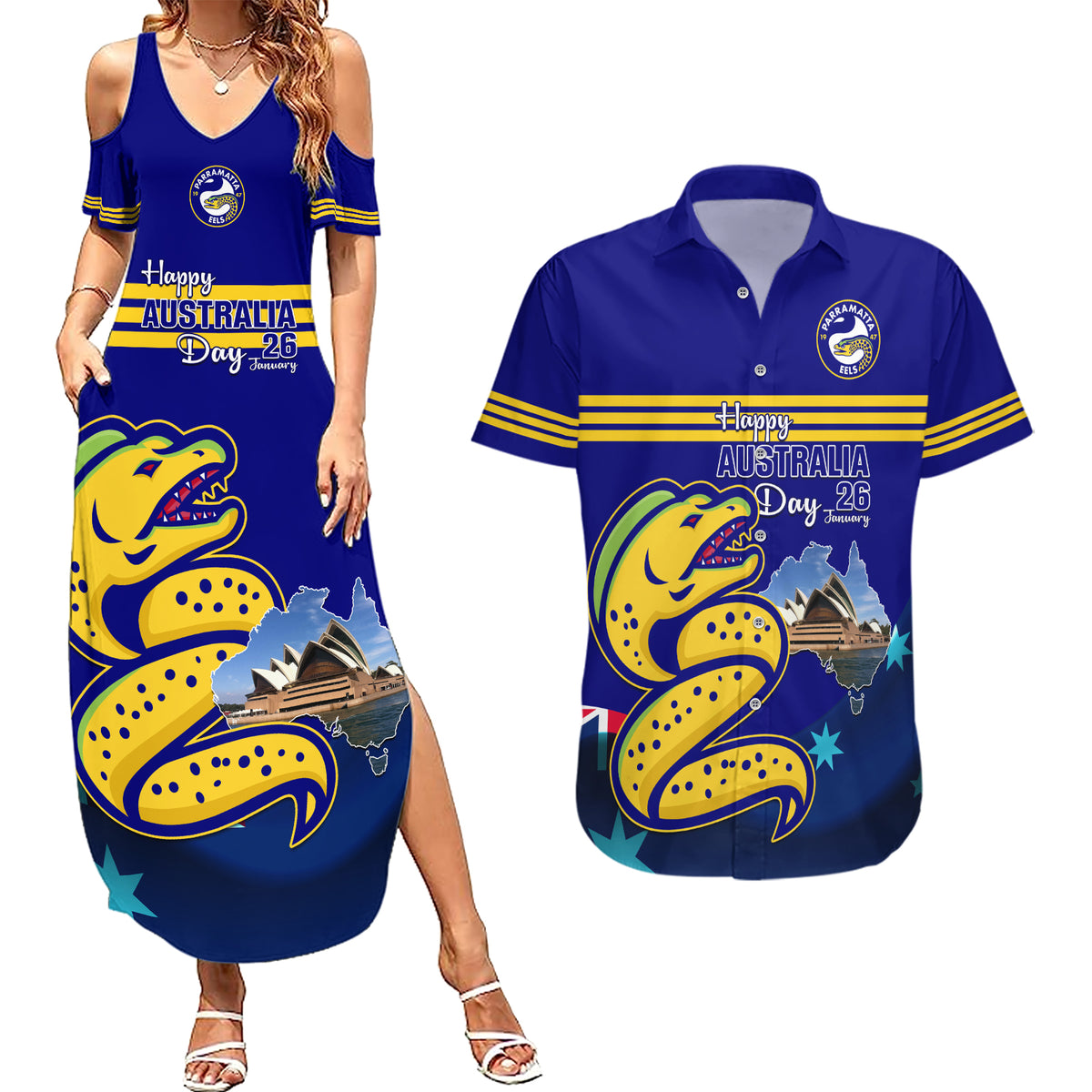 Custom Australia Day Eels Couples Matching Summer Maxi Dress and Hawaiian Shirt NRL 2024 Sydney Opera House With Map