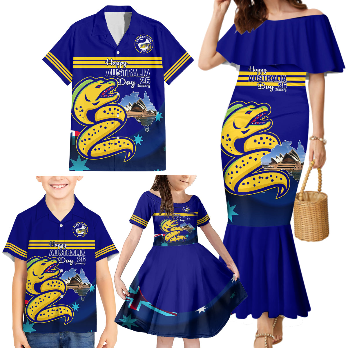 Custom Australia Day Eels Family Matching Mermaid Dress and Hawaiian Shirt NRL 2024 Sydney Opera House With Map