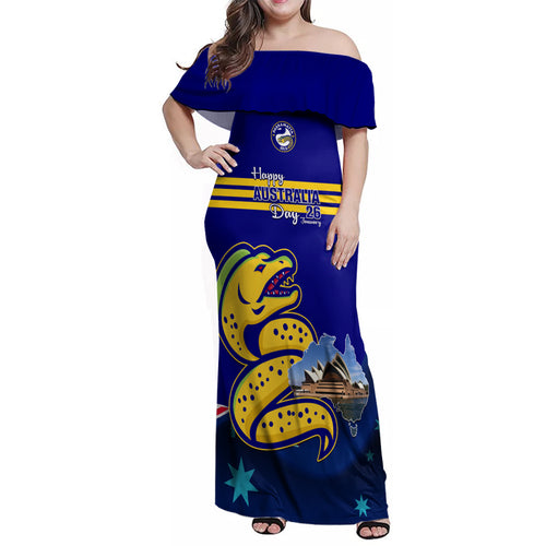 Custom Australia Day Eels Family Matching Off Shoulder Maxi Dress and Hawaiian Shirt NRL 2024 Sydney Opera House With Map