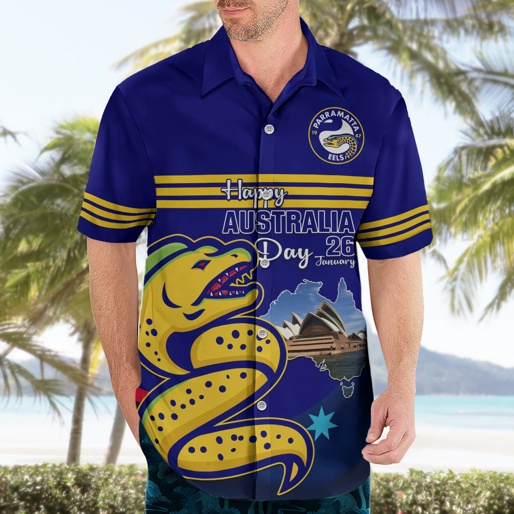 Custom Australia Day Eels Hawaiian Shirt NRL 2024 Sydney Opera House With Map