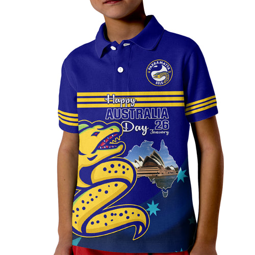 Custom Australia Day Eels Kid Polo Shirt NRL 2024 Sydney Opera House With Map