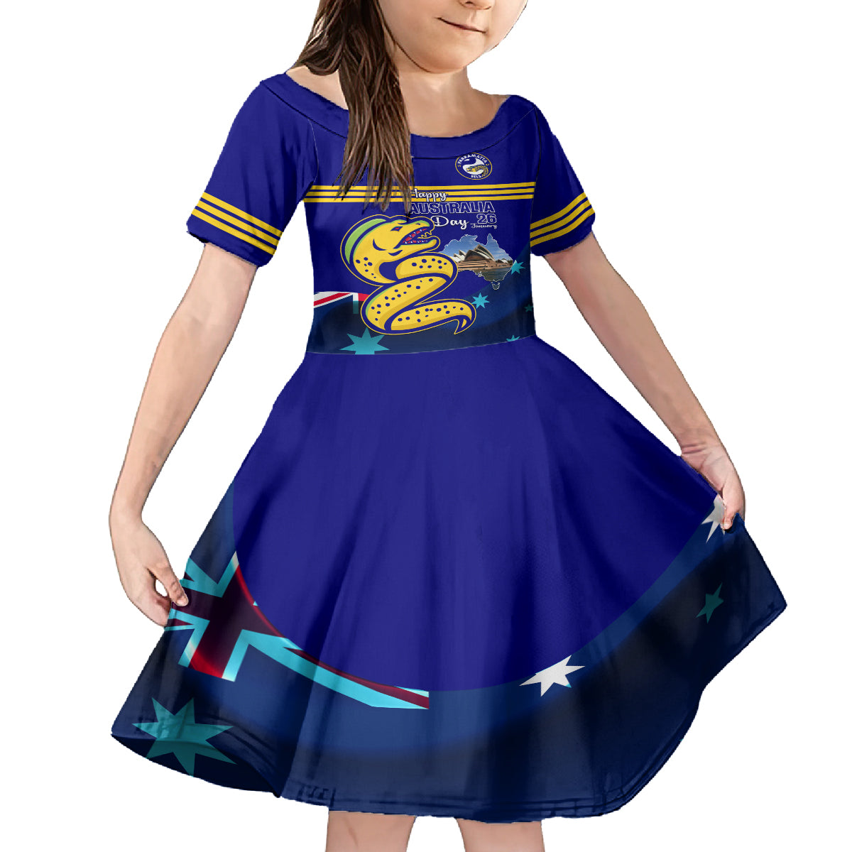 Custom Australia Day Eels Kid Short Sleeve Dress NRL 2024 Sydney Opera House With Map