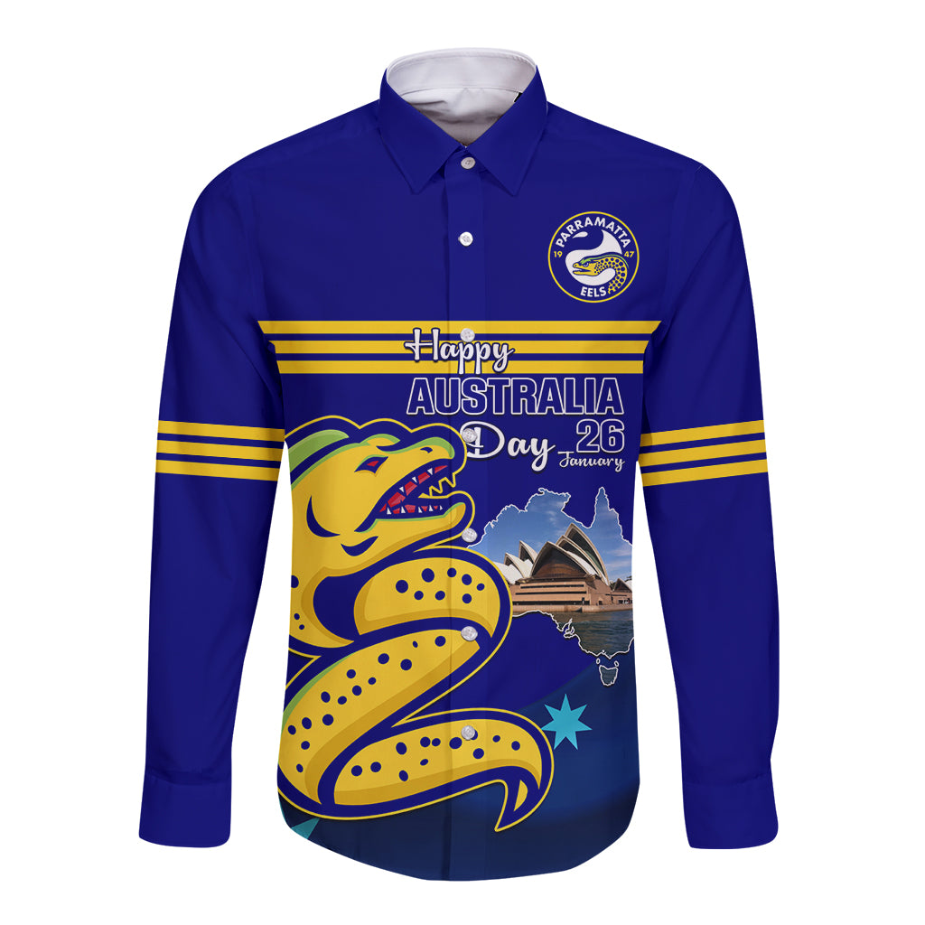 Custom Australia Day Eels Long Sleeve Button Shirt NRL 2024 Sydney Opera House With Map