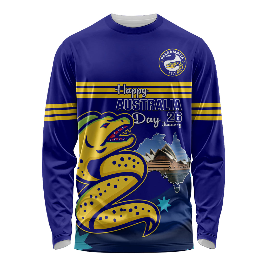 Custom Australia Day Eels Long Sleeve Shirt NRL 2024 Sydney Opera House With Map