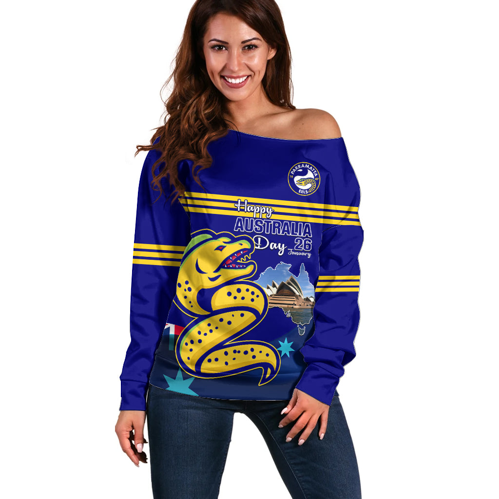 Custom Australia Day Eels Off Shoulder Sweater NRL 2024 Sydney Opera House With Map