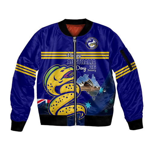 Custom Australia Day Eels Sleeve Zip Bomber Jacket NRL 2024 Sydney Opera House With Map