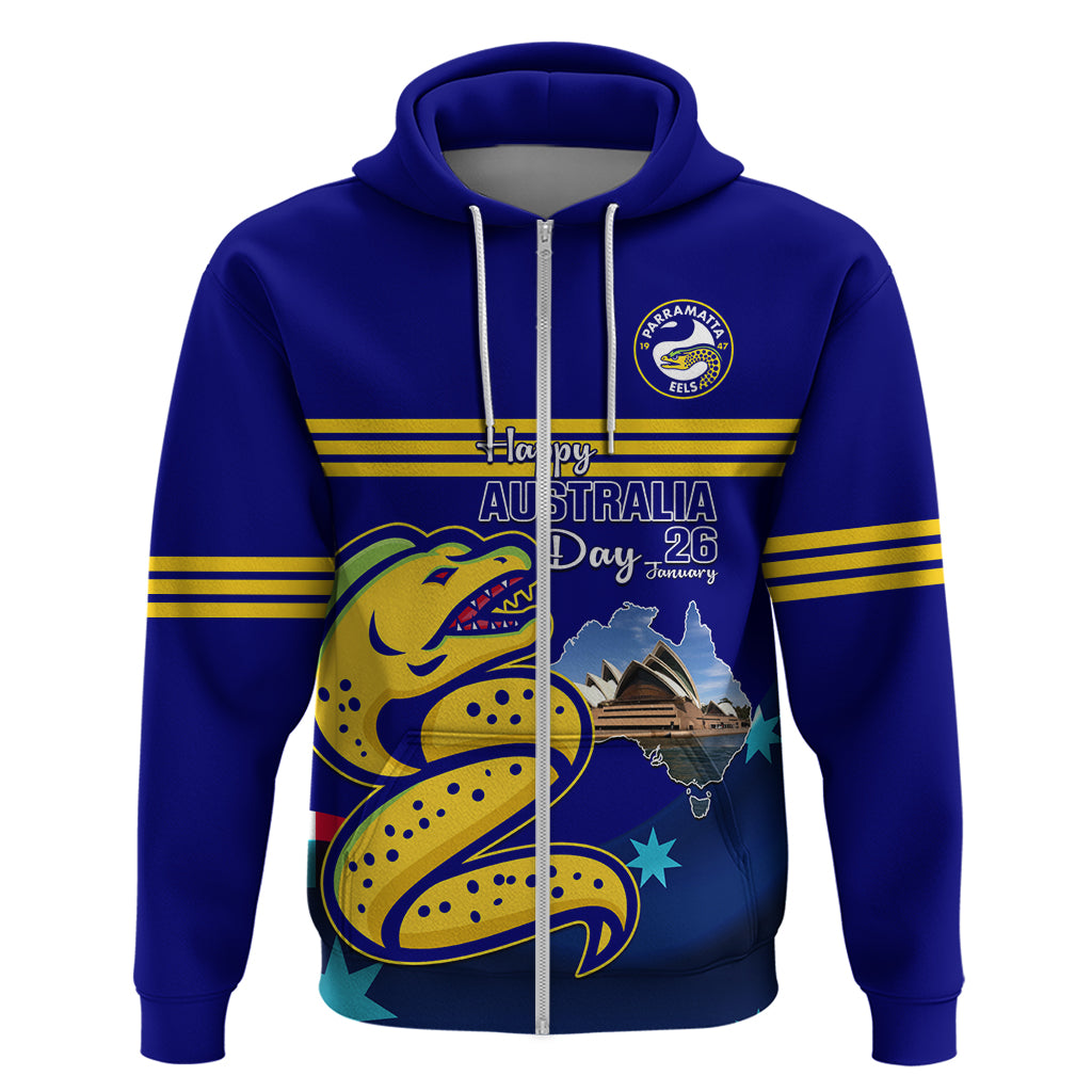 Custom Australia Day Eels Zip Hoodie NRL 2024 Sydney Opera House With Map