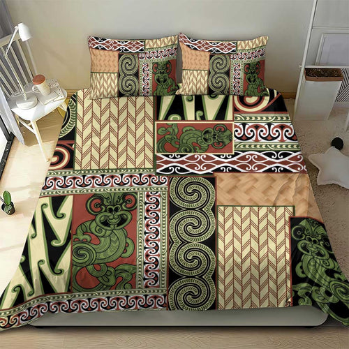 Beige Aotearoa Kowhaiwhai Pattern Bedding Set NZ Maori Quilt Style