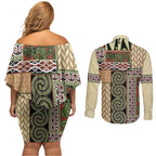 Beige Aotearoa Kowhaiwhai Pattern Couples Matching Off Shoulder Short Dress and Long Sleeve Button Shirt NZ Maori Quilt Style