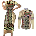 Beige Aotearoa Kowhaiwhai Pattern Couples Matching Short Sleeve Bodycon Dress and Long Sleeve Button Shirt NZ Maori Quilt Style