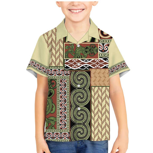 Beige Aotearoa Kowhaiwhai Pattern Family Matching Mermaid Dress and Hawaiian Shirt NZ Maori Quilt Style