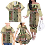 Beige Aotearoa Kowhaiwhai Pattern Family Matching Off The Shoulder Long Sleeve Dress and Hawaiian Shirt NZ Maori Quilt Style