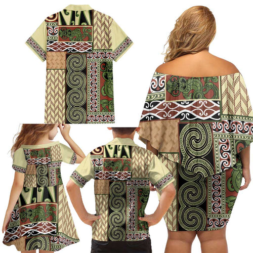 Beige Aotearoa Kowhaiwhai Pattern Family Matching Off Shoulder Short Dress and Hawaiian Shirt NZ Maori Quilt Style