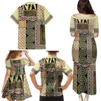 Beige Aotearoa Kowhaiwhai Pattern Family Matching Puletasi and Hawaiian Shirt NZ Maori Quilt Style