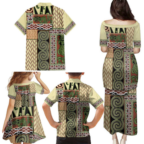 Beige Aotearoa Kowhaiwhai Pattern Family Matching Puletasi and Hawaiian Shirt NZ Maori Quilt Style