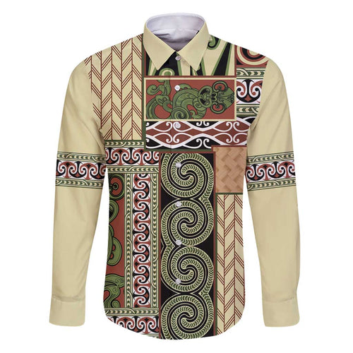 Beige Aotearoa Kowhaiwhai Pattern Family Matching Puletasi and Hawaiian Shirt NZ Maori Quilt Style