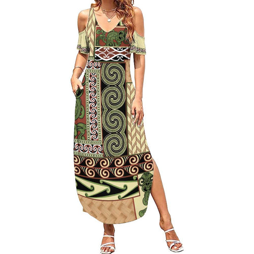 Beige Aotearoa Kowhaiwhai Pattern Family Matching Summer Maxi Dress and Hawaiian Shirt NZ Maori Quilt Style