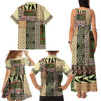 Beige Aotearoa Kowhaiwhai Pattern Family Matching Tank Maxi Dress and Hawaiian Shirt NZ Maori Quilt Style