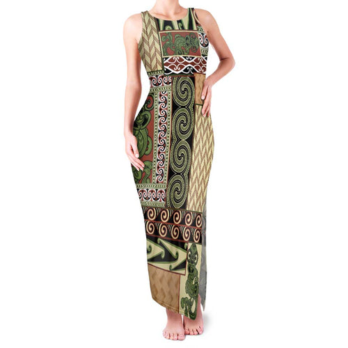 Beige Aotearoa Kowhaiwhai Pattern Family Matching Tank Maxi Dress and Hawaiian Shirt NZ Maori Quilt Style