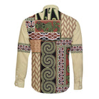 Beige Aotearoa Kowhaiwhai Pattern Long Sleeve Button Shirt NZ Maori Quilt Style