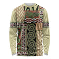 Beige Aotearoa Kowhaiwhai Pattern Long Sleeve Shirt NZ Maori Quilt Style