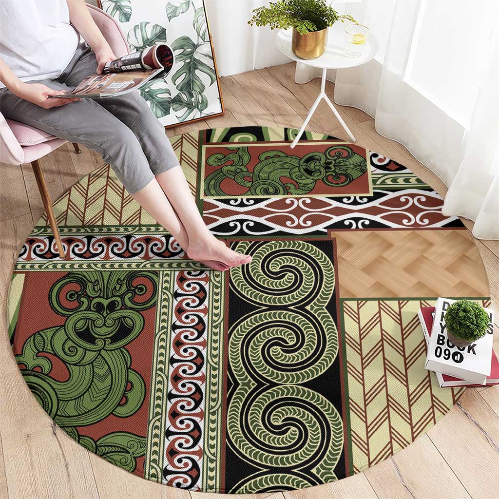 Beige Aotearoa Kowhaiwhai Pattern Round Carpet NZ Maori Quilt Style