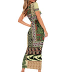 Beige Aotearoa Kowhaiwhai Pattern Short Sleeve Bodycon Dress NZ Maori Quilt Style