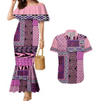 Pink Aotearoa Kowhaiwhai Pattern Couples Matching Mermaid Dress and Hawaiian Shirt NZ Maori Quilt Style
