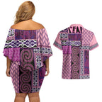 Pink Aotearoa Kowhaiwhai Pattern Couples Matching Off Shoulder Short Dress and Hawaiian Shirt NZ Maori Quilt Style