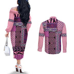 Pink Aotearoa Kowhaiwhai Pattern Couples Matching Off The Shoulder Long Sleeve Dress and Long Sleeve Button Shirt NZ Maori Quilt Style
