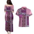 Pink Aotearoa Kowhaiwhai Pattern Couples Matching Puletasi and Hawaiian Shirt NZ Maori Quilt Style
