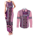 Pink Aotearoa Kowhaiwhai Pattern Couples Matching Tank Maxi Dress and Long Sleeve Button Shirt NZ Maori Quilt Style