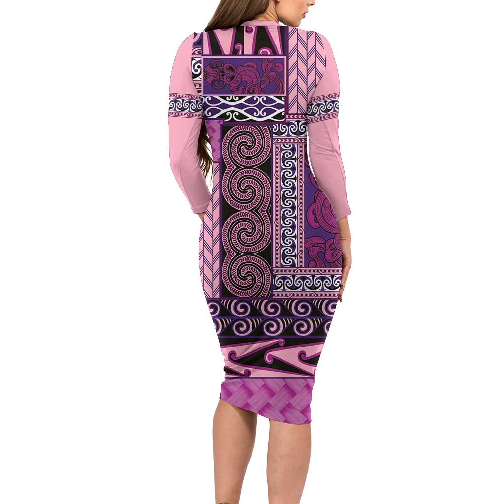 Pink Aotearoa Kowhaiwhai Pattern Family Matching Long Sleeve Bodycon Dress and Hawaiian Shirt NZ Maori Quilt Style