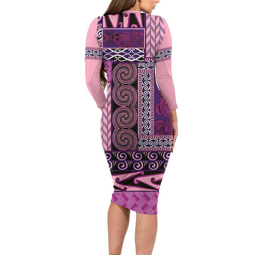 Pink Aotearoa Kowhaiwhai Pattern Family Matching Long Sleeve Bodycon Dress and Hawaiian Shirt NZ Maori Quilt Style