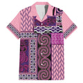 Pink Aotearoa Kowhaiwhai Pattern Family Matching Off The Shoulder Long Sleeve Dress and Hawaiian Shirt NZ Maori Quilt Style