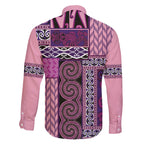 Pink Aotearoa Kowhaiwhai Pattern Family Matching Off The Shoulder Long Sleeve Dress and Hawaiian Shirt NZ Maori Quilt Style