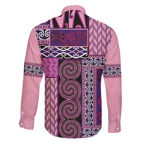 Pink Aotearoa Kowhaiwhai Pattern Family Matching Off The Shoulder Long Sleeve Dress and Hawaiian Shirt NZ Maori Quilt Style