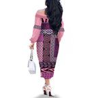 Pink Aotearoa Kowhaiwhai Pattern Family Matching Off The Shoulder Long Sleeve Dress and Hawaiian Shirt NZ Maori Quilt Style