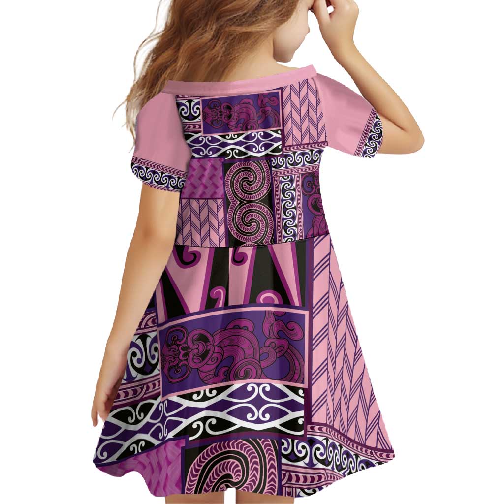Pink Aotearoa Kowhaiwhai Pattern Family Matching Off Shoulder Maxi Dress and Hawaiian Shirt NZ Maori Quilt Style