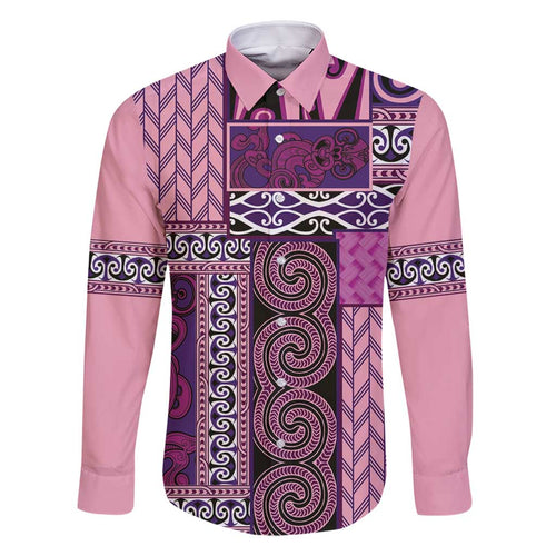 Pink Aotearoa Kowhaiwhai Pattern Family Matching Off Shoulder Maxi Dress and Hawaiian Shirt NZ Maori Quilt Style