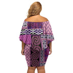 Pink Aotearoa Kowhaiwhai Pattern Family Matching Off Shoulder Short Dress and Hawaiian Shirt NZ Maori Quilt Style