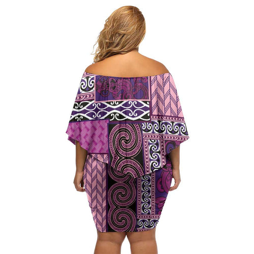 Pink Aotearoa Kowhaiwhai Pattern Family Matching Off Shoulder Short Dress and Hawaiian Shirt NZ Maori Quilt Style