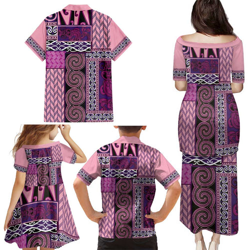 Pink Aotearoa Kowhaiwhai Pattern Family Matching Puletasi and Hawaiian Shirt NZ Maori Quilt Style